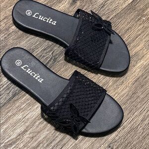 Lucita Black Women's Slide Sandals with Decorative Mesh Strap